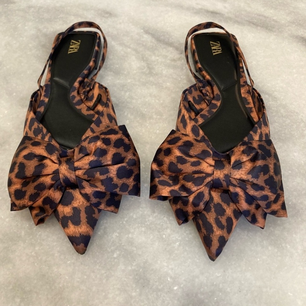 ZARA Leopard Animal Print Big Bow Slingback Flats Shoes